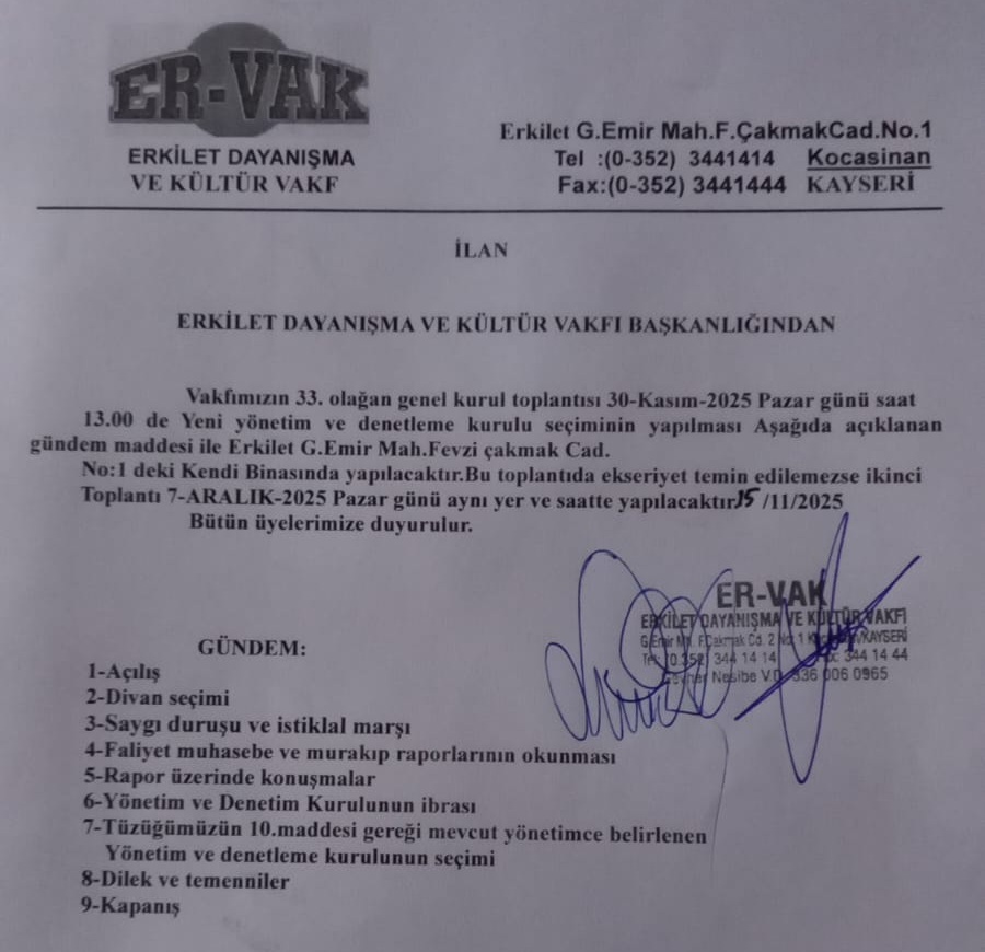 33. Olağan Mali Genel Kurul Toplantı Duyurusu